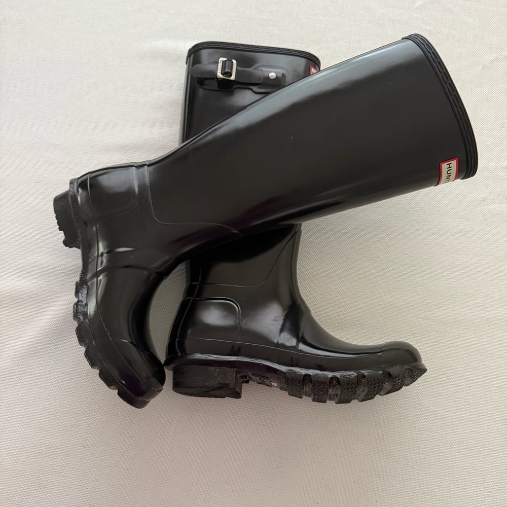 Sleek Knee High Hunter Glossy Black Rain Boots EU37 Fits 7.5 EUC